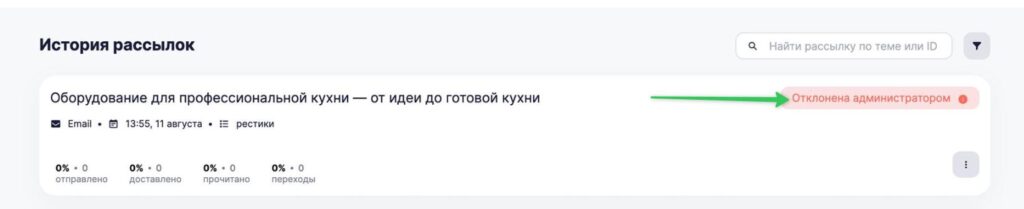 Статус рассылки Отклонена администратором.