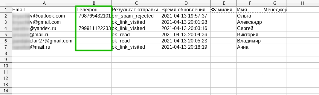 Столбец «Телефон» в отчете о доставке в формате CSV