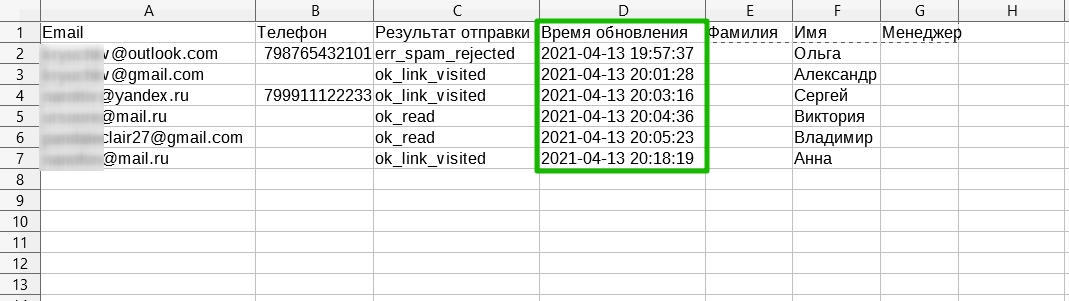 Столбец «Время обновления» в отчете о доставке в формате CSV