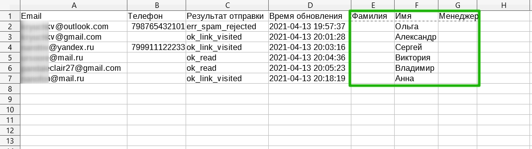 Столбцы с дополнительными полями контактов в отчете о доставке в формате CSV