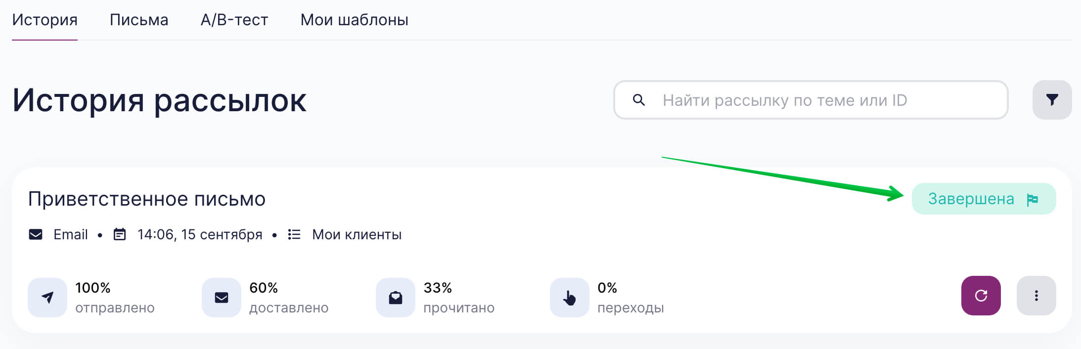 Статус рассылки «Завершена».