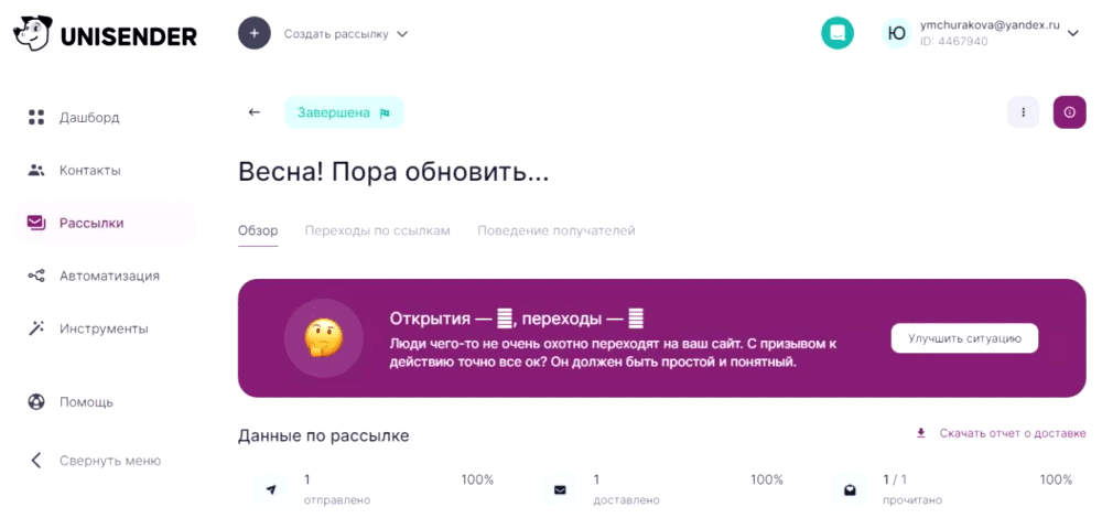 Аналитика в личном кабинете Unisender