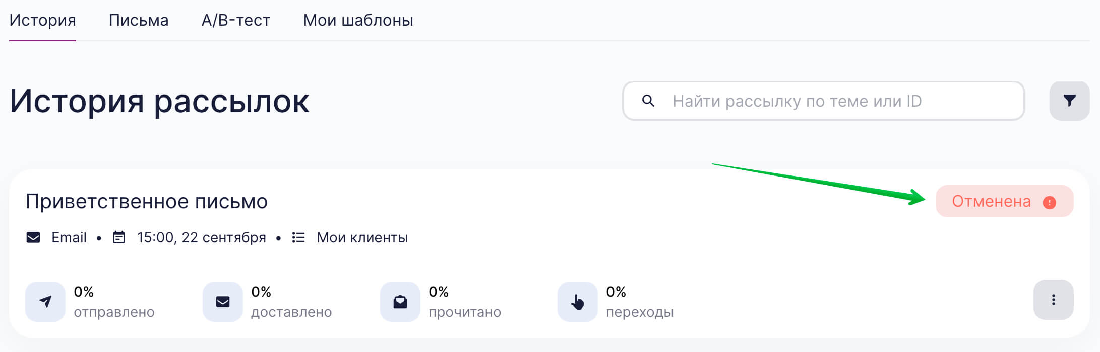 Статус рассылки «Отменена».