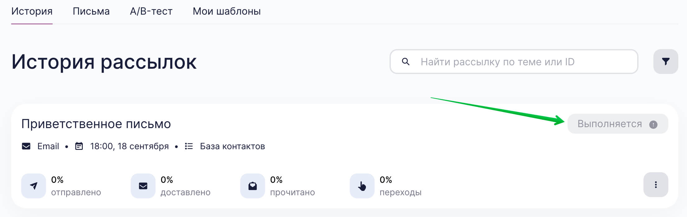 Статус рассылки «Выполняется».