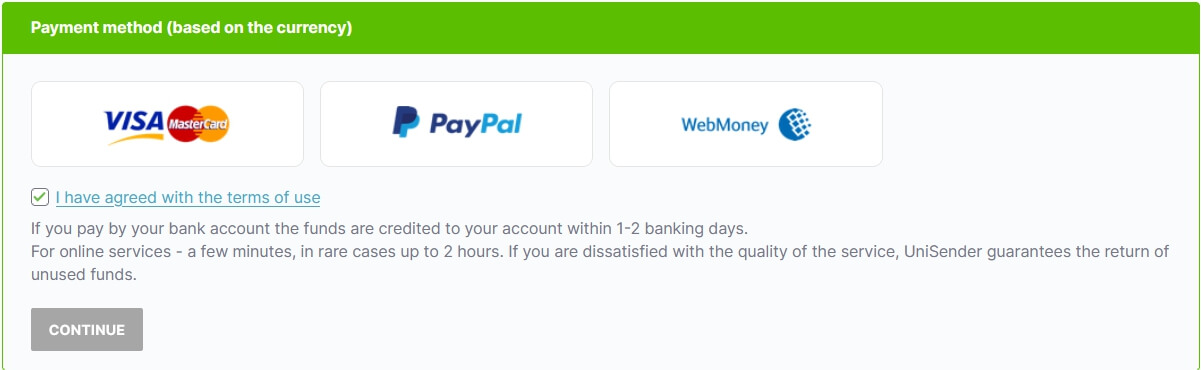 Available payment methods if you pay in USD.
