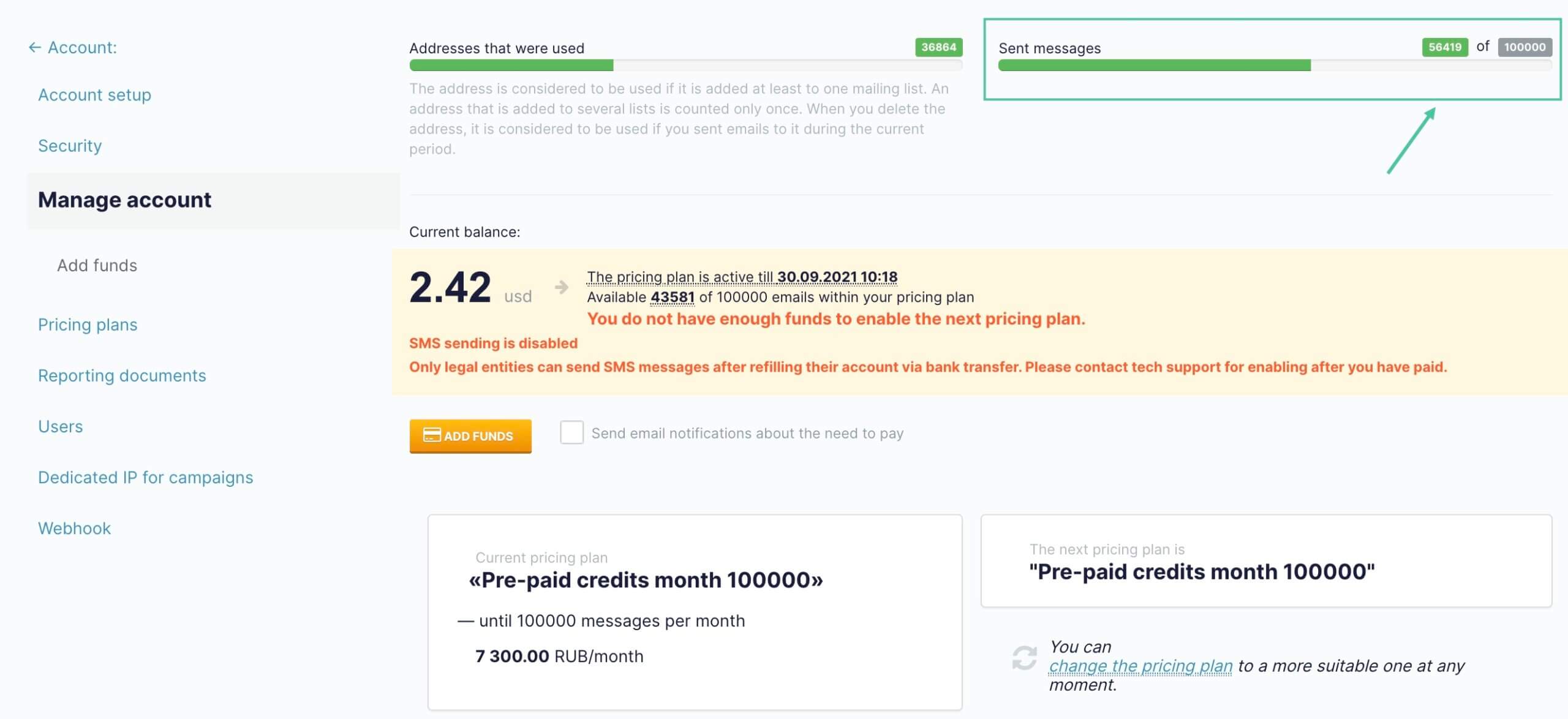 The number of emails left within the Prepaid plan.