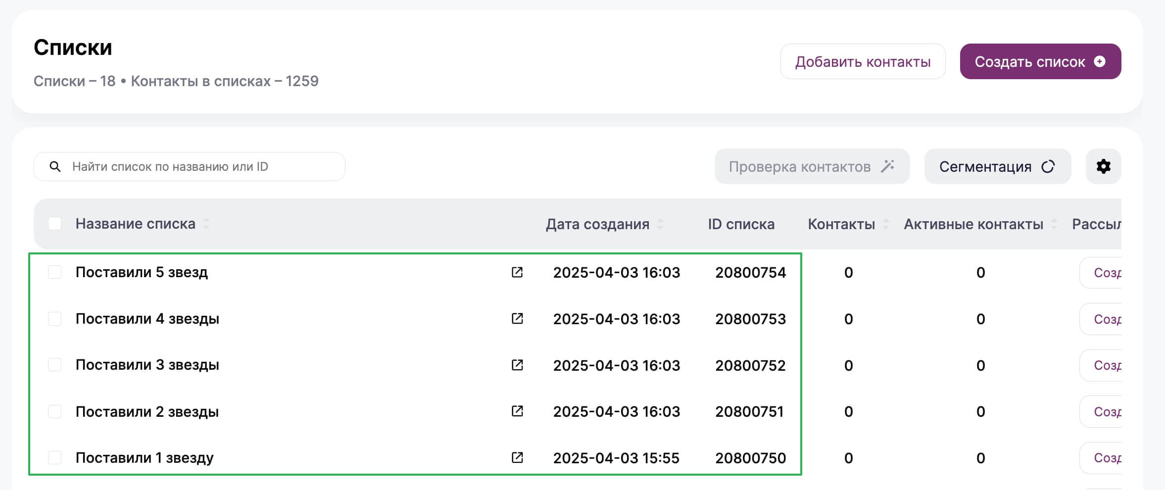 Готовый перечень списков.