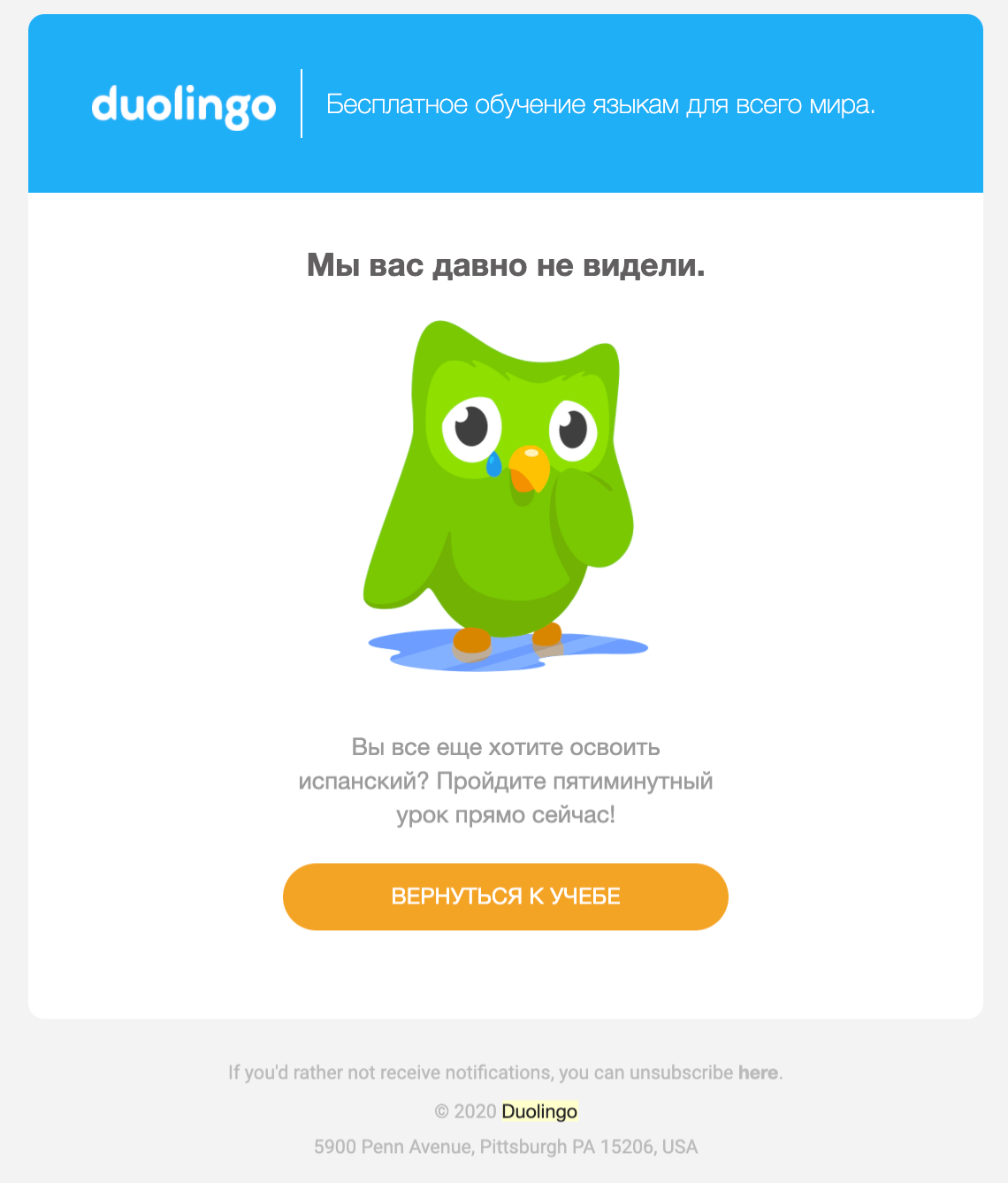 Письмо реактивации от Duolingo