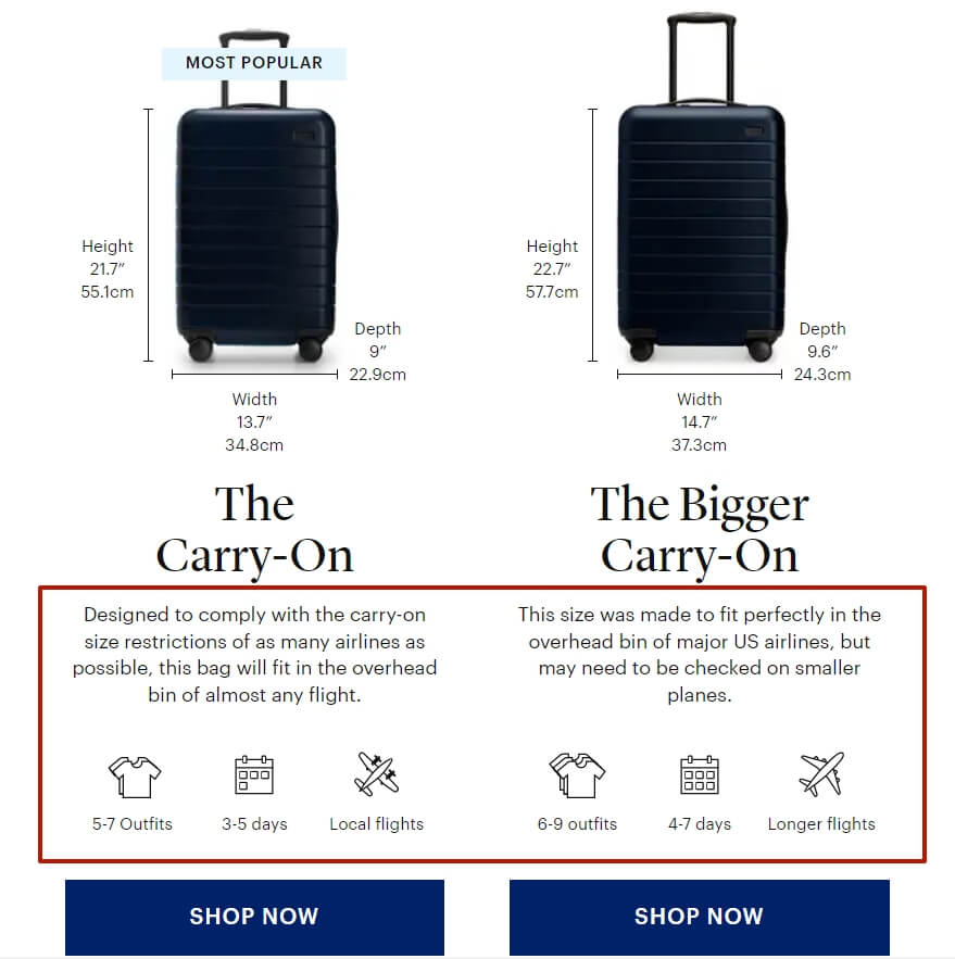 страница выбора размера чемодана на сайте awaytravel.com