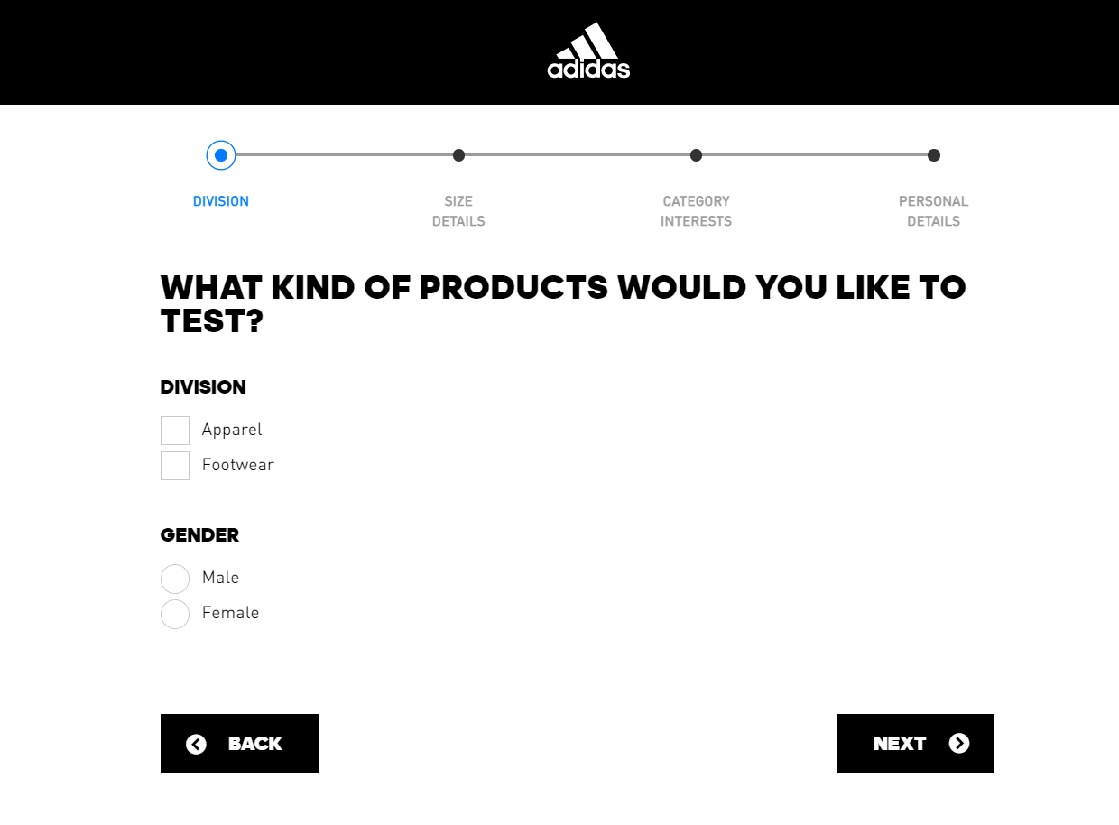 Заявка на участие в тестировании Adidas