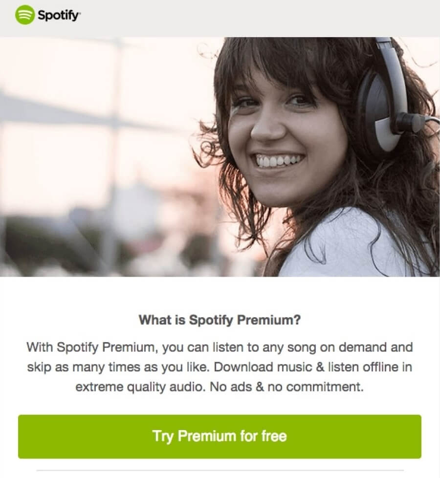Рассылка Spotify с предложением бесплатного пробного периода для Премиум тарифа