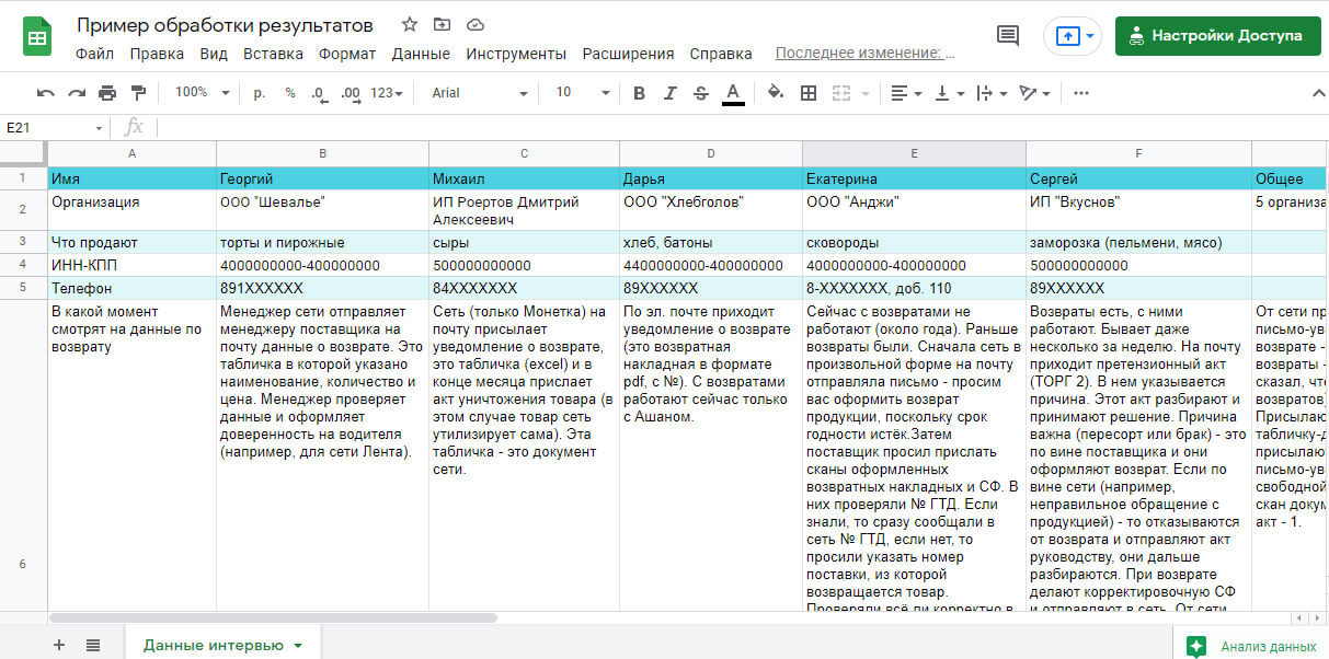 Таблица с анализом интервью