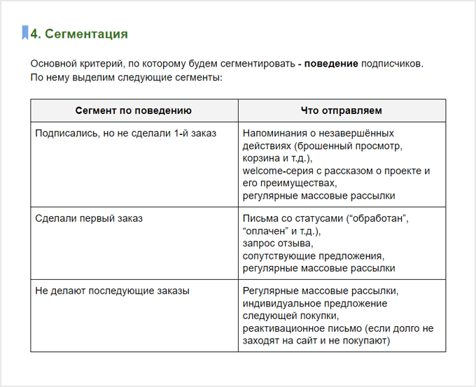 Пример описания сегментов в стратегии