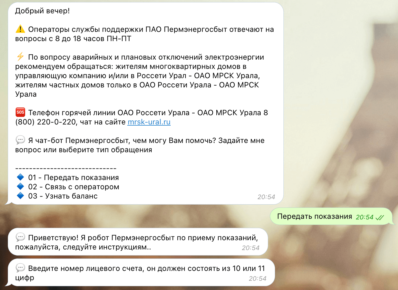 Пример использования чат-бота для приема показаний счетчиков