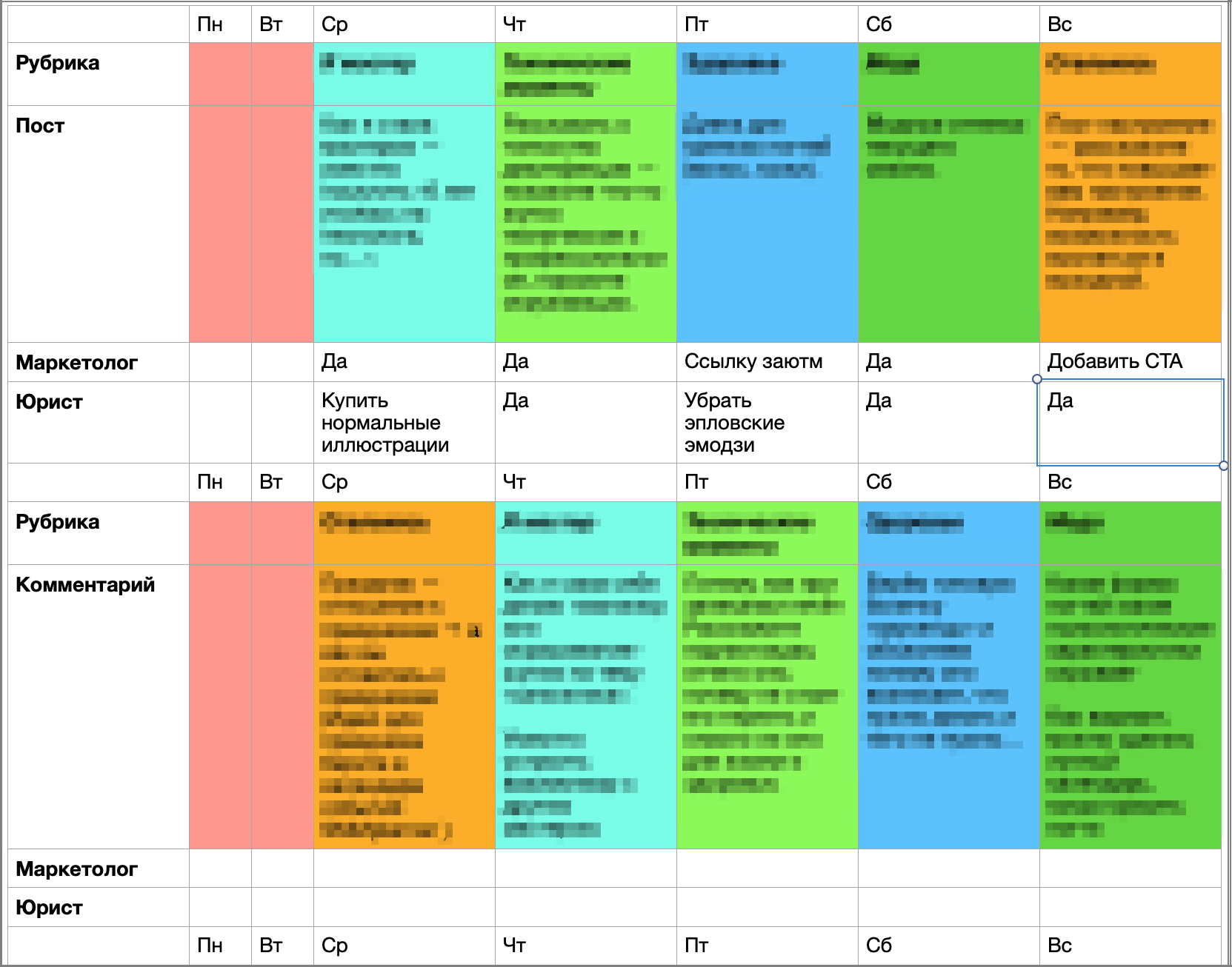 Пример календаря публикаций для соцсетей