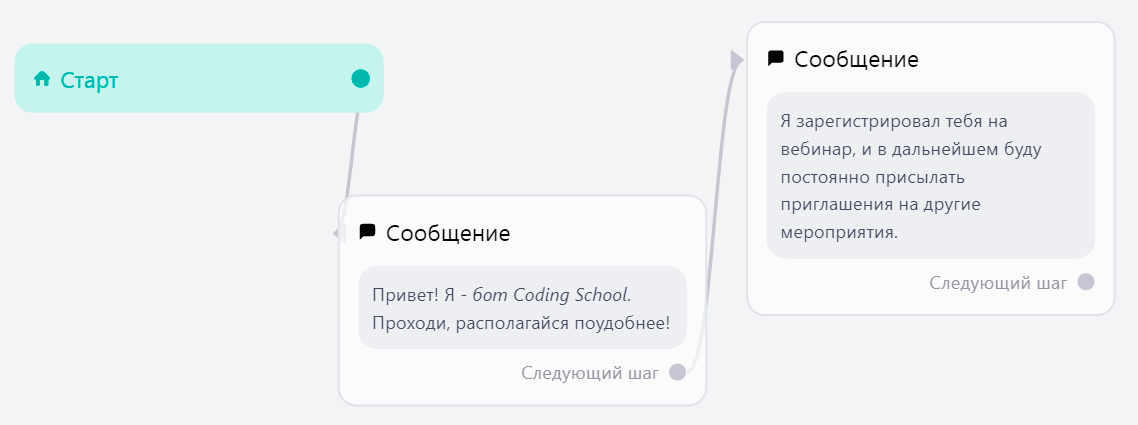 Приветственное сообщение в чат-боте с предупреждением о рассылках