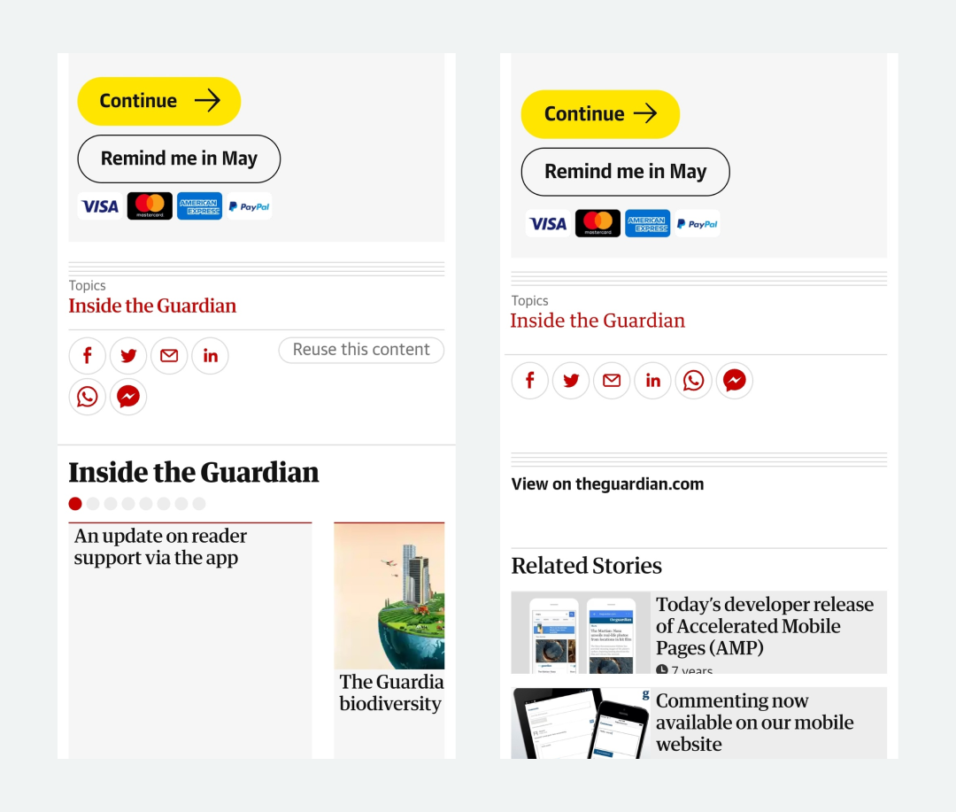 Сравнение использования виджетов на обычной и AMP-странице The Guardian