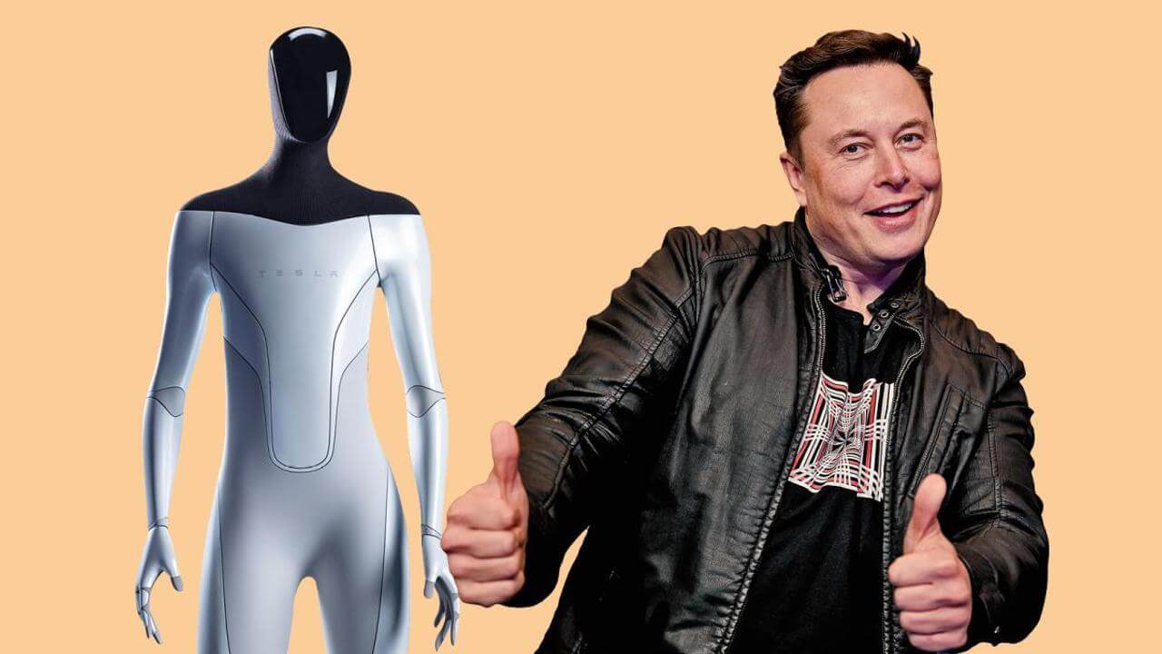 Илон Маск и человекоподобный робот Tesla.
