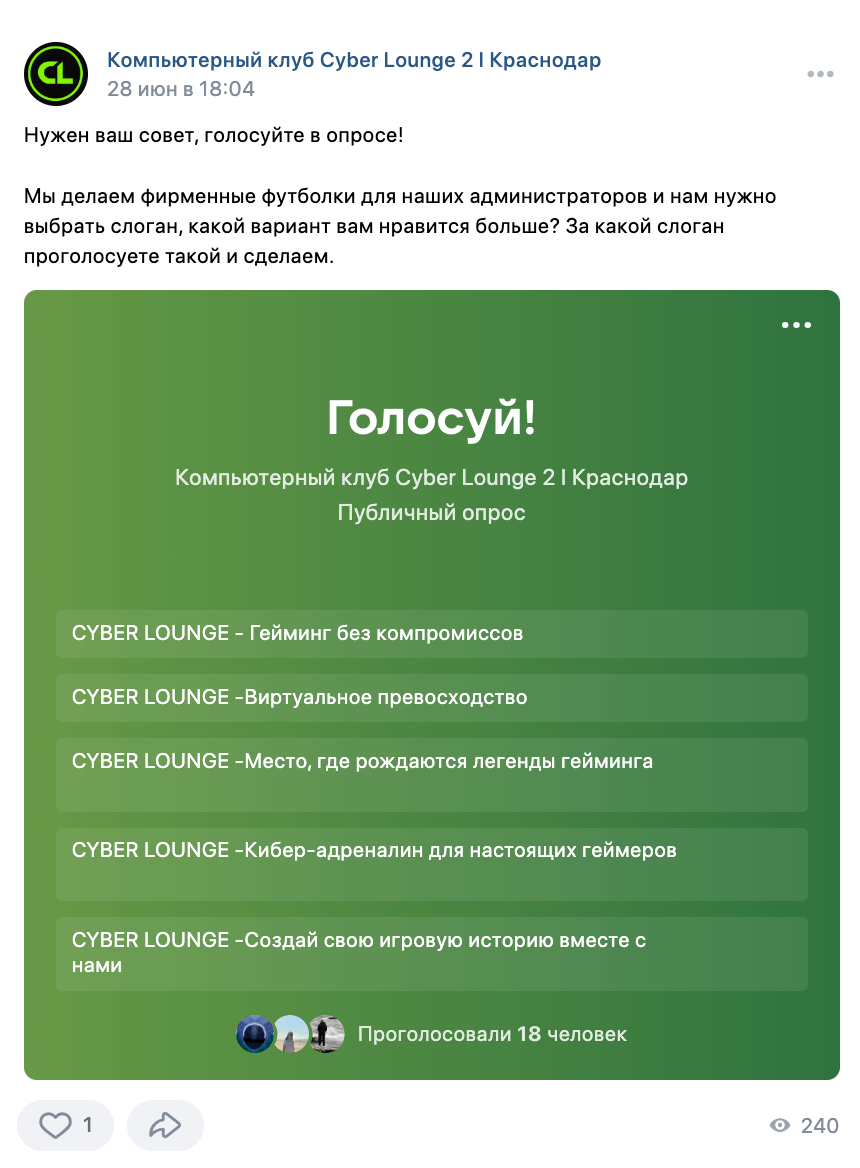 Опрос во «ВКонтакте» на тему слогана на футболку для компьютерного клуба в Краснодаре