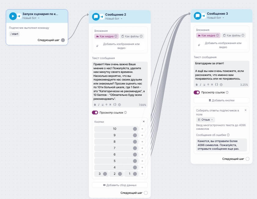Пример сценария сбора отзывов по NPS-шкале.