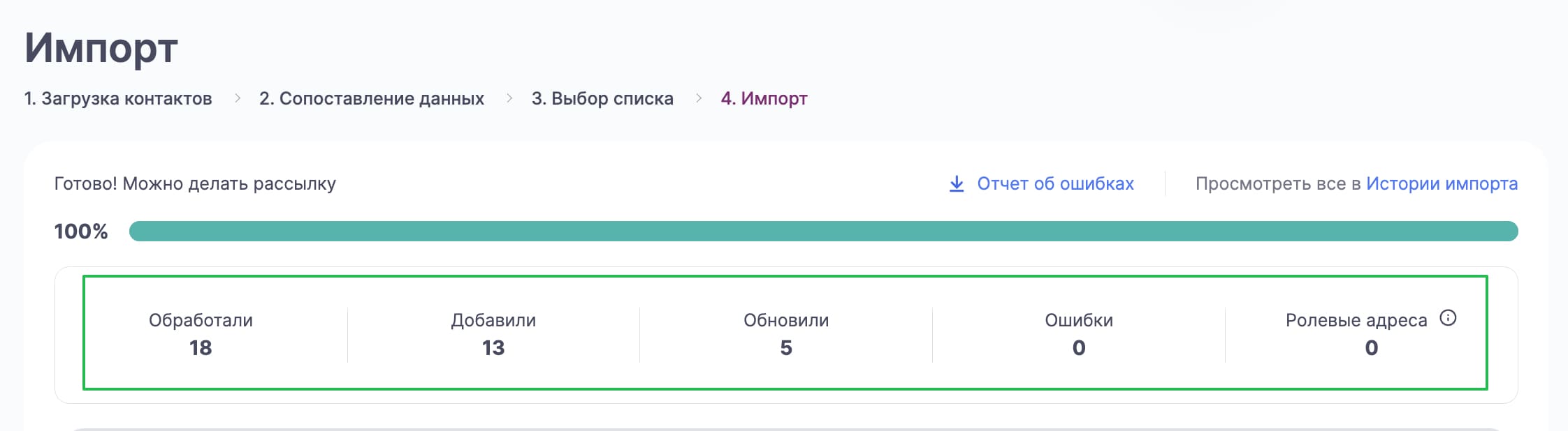 Статистика импорта контактов.