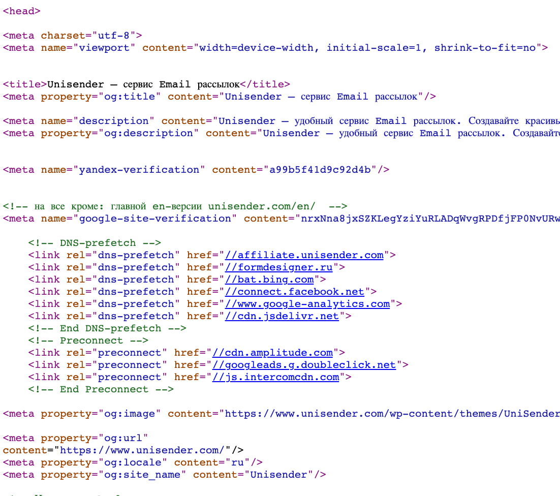 Заголовок и META-теги из исходного кода сайта Unisender