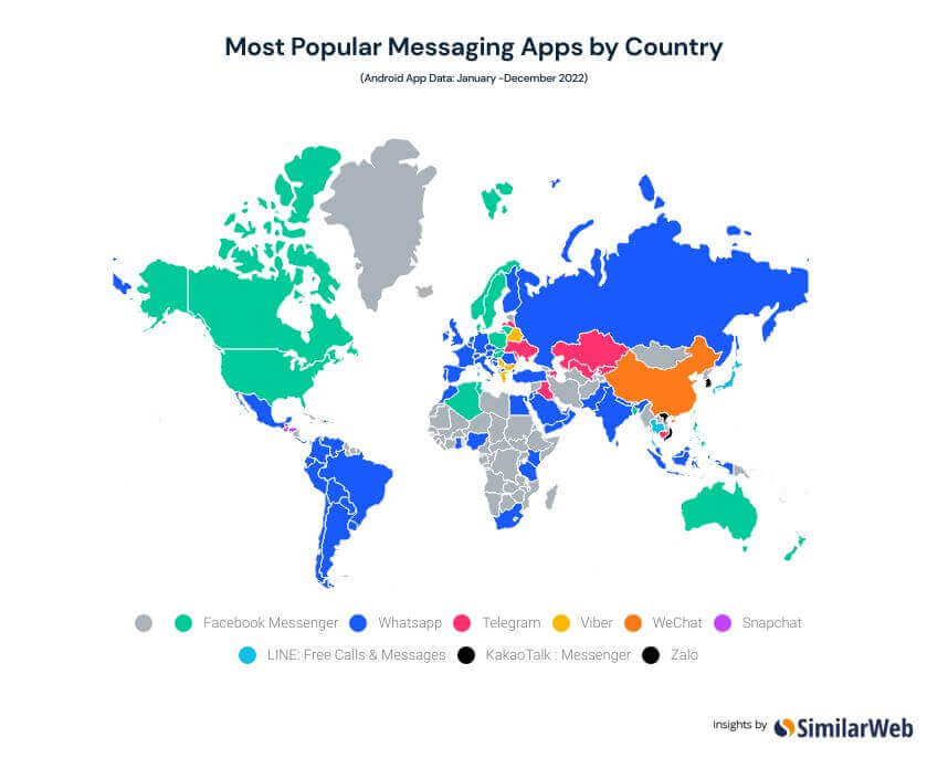 карта наиболее популярных мессенджеров в разных странах