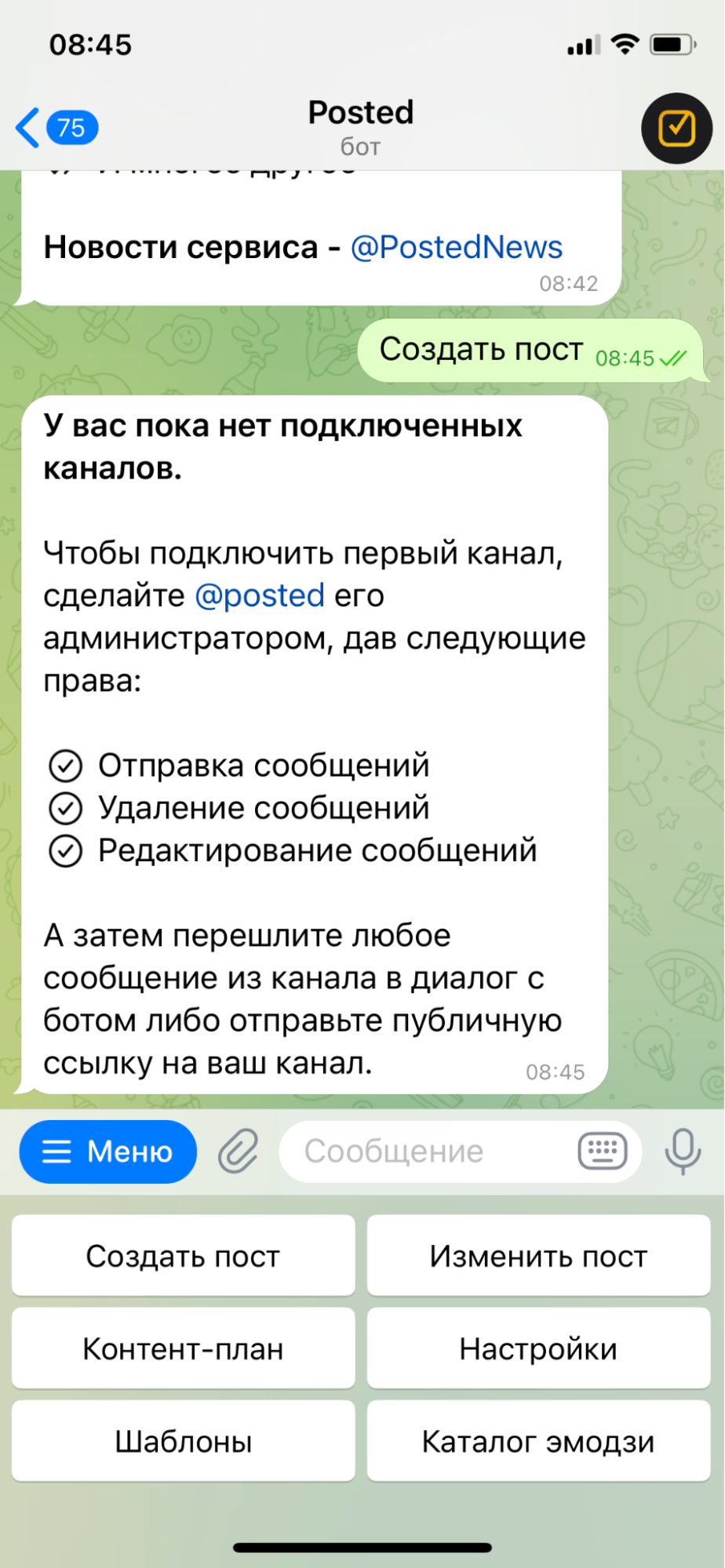 Скриншот из переписки с ботом в Telegram