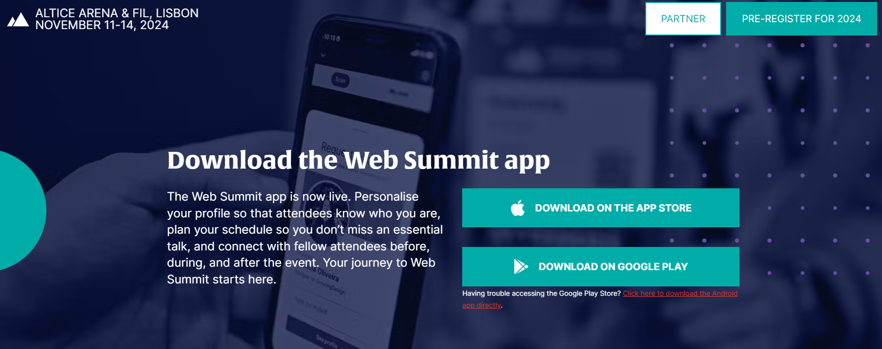 страница приложения для посетителей бизнес-конференции Web Summit