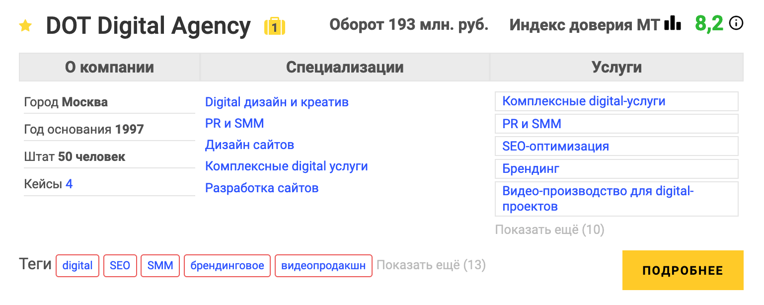 Пример услуги SMM-продвижения в списке специализаций digital-агентства