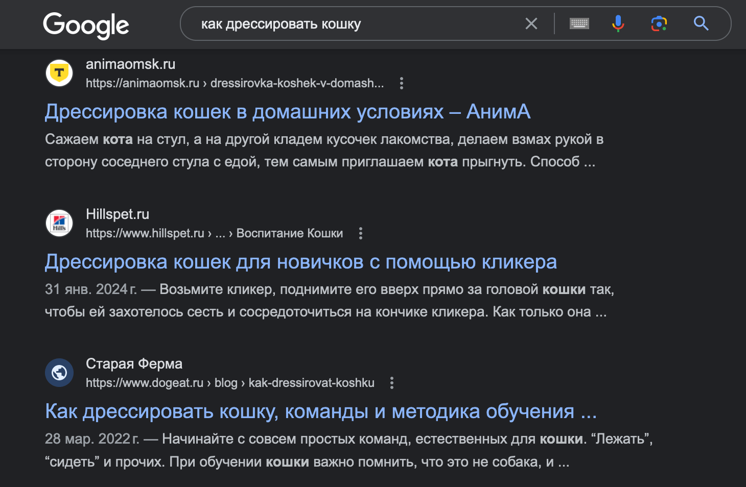 Пример поисковой выдачи по запросу — отображаются релевантные статьи