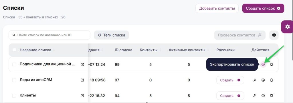 Как экспортировать список контактов в разделе «Контакты» — «Списки».