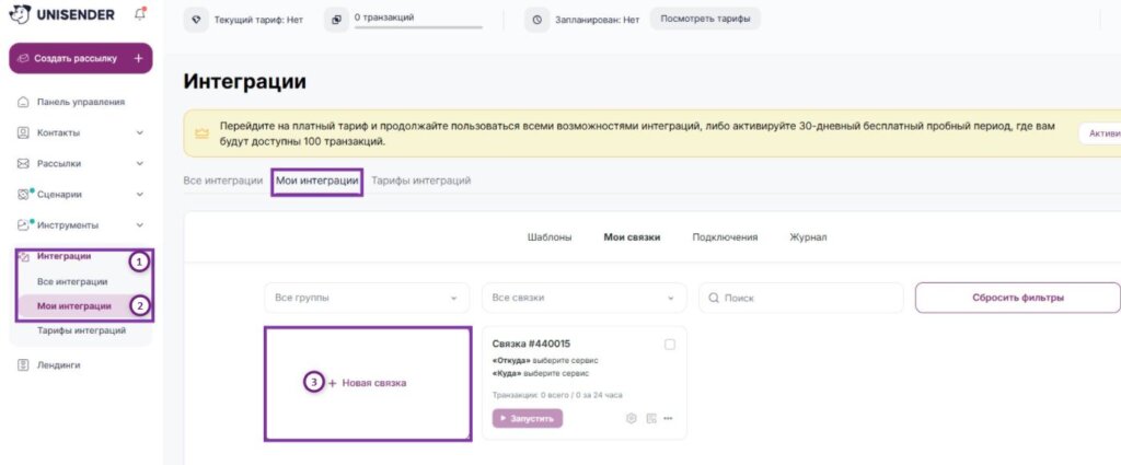 Кнопка создания новой связки в разделе «Мои интеграции».