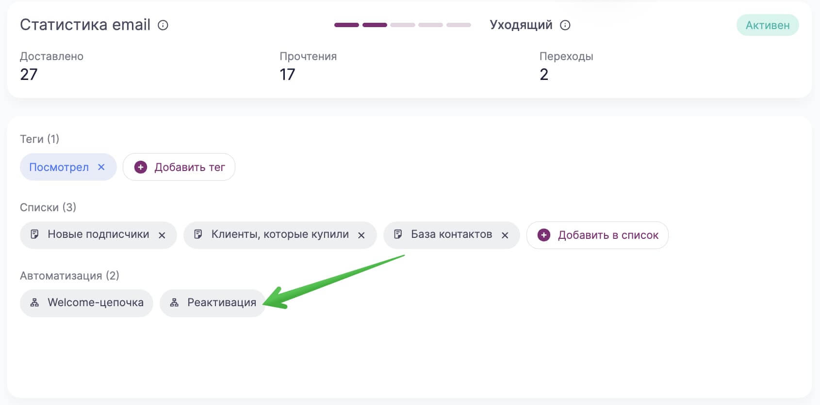 Как из карточки контакта посмотреть статистику автоматической цепочки. 