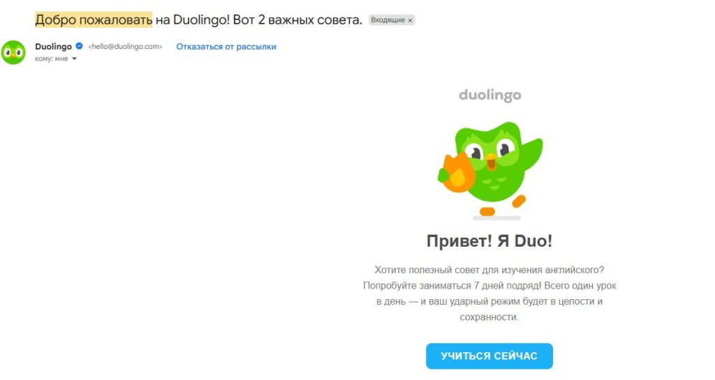 Приветственное письмо Duolingo от персонажа компании, совы Duo