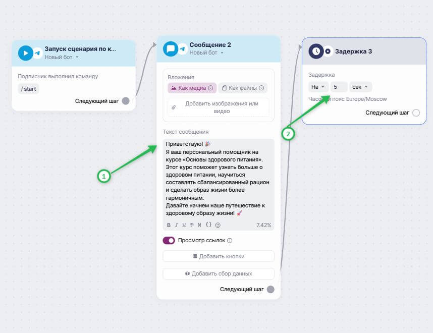 Пример сообщения и задержки. 