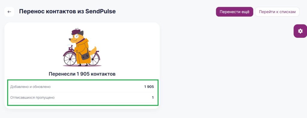 Результат переноса контактов из SendPulse в Unisender.