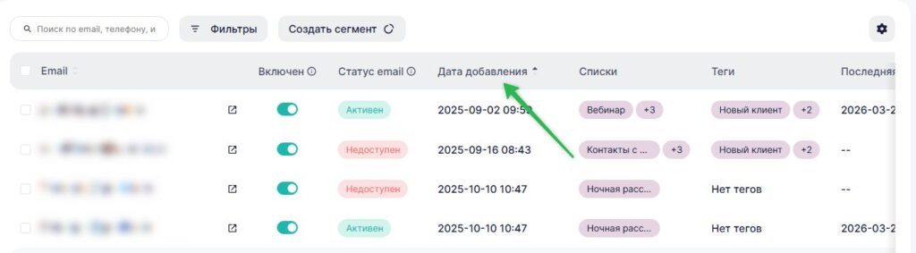 Сортировка контактов по дате добавления на странице определенного списка.