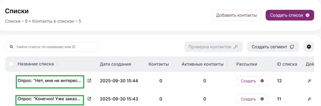 Пример новых списков в разделе «Контакты» — «Списки».