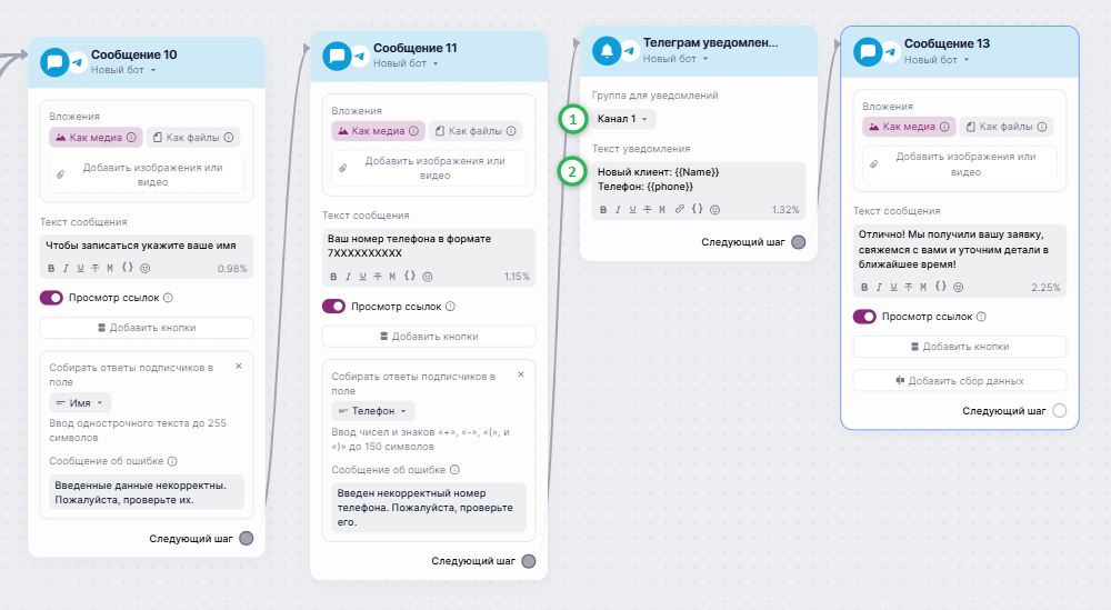 Пример блока «Телеграм уведомление» в сценарии. 