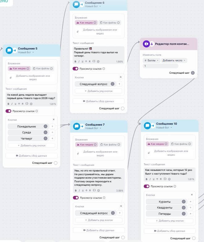 Пример части сценария с викториной.