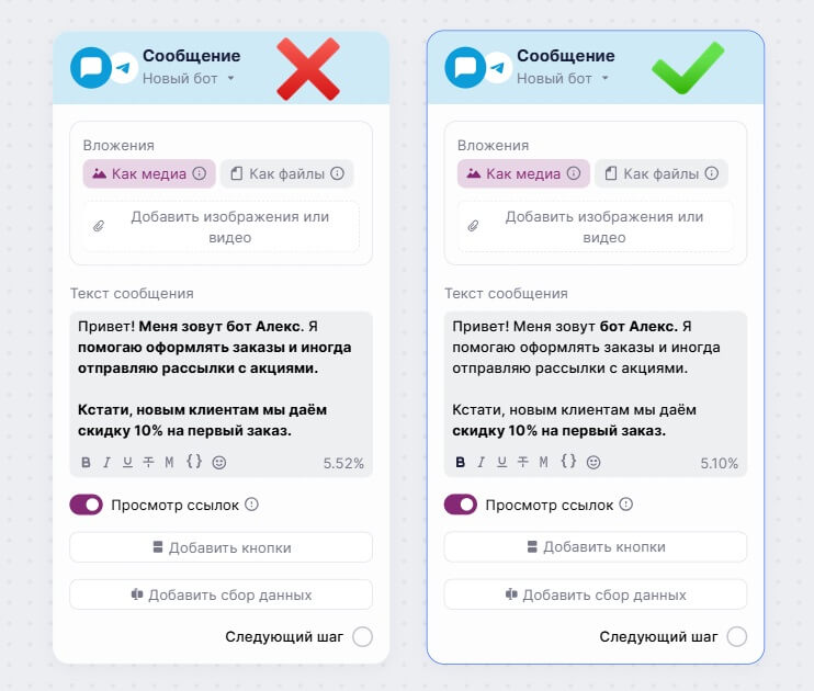 Примеры оформления текста в блоке «Сообщение в Telegram».