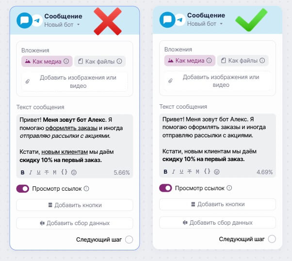 Примеры оформления текста в блоке «Сообщение в Telegram».
