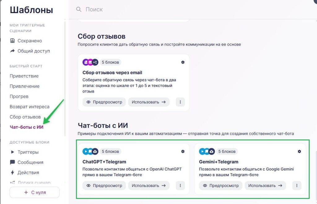 Шаблоны чат-боты с ИИ в омниканальных сценариях.