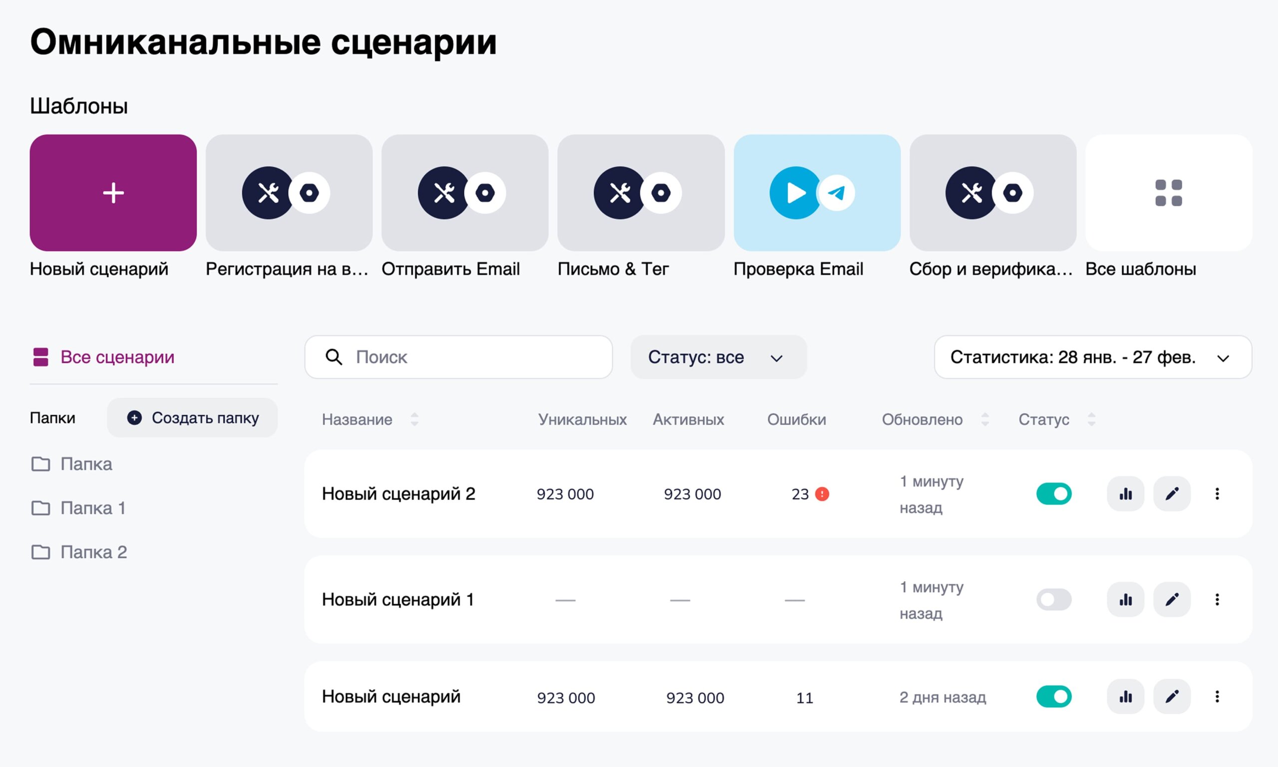 Список сценариев, созданных в разделе «Сценарии».