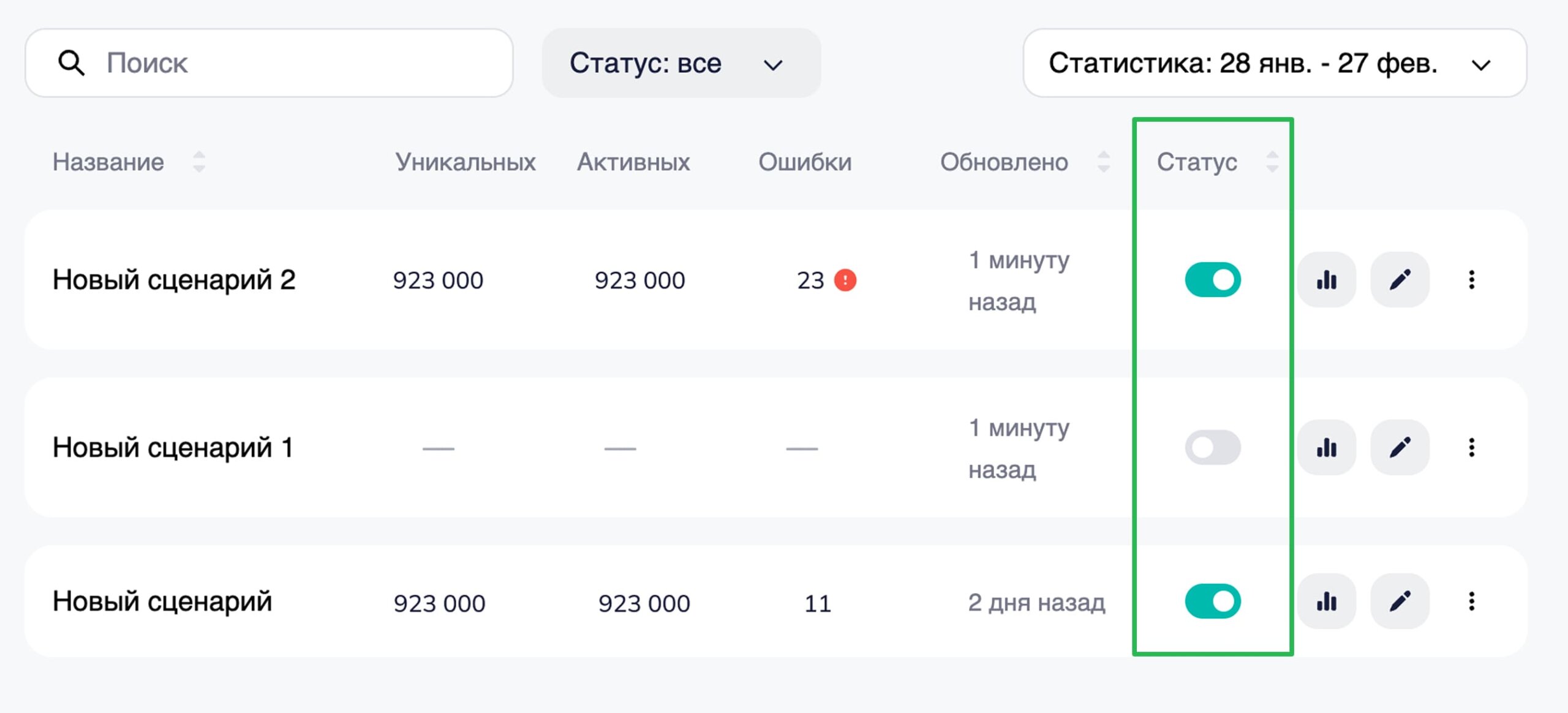 Как изменить статус сценария.