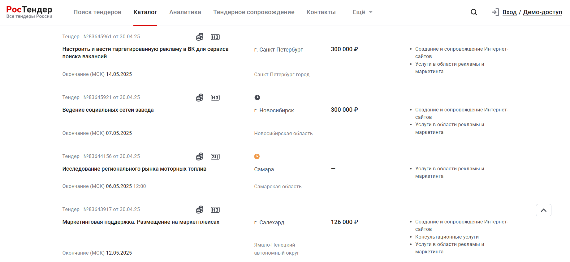 Тендеры на маркетинговые услуги
