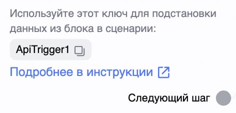 Пример ключа в настройках блока «API триггер».
