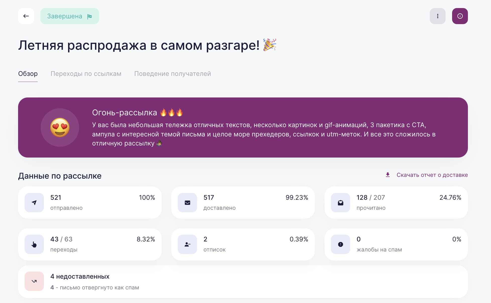 Подробный отчет по рассылке. 