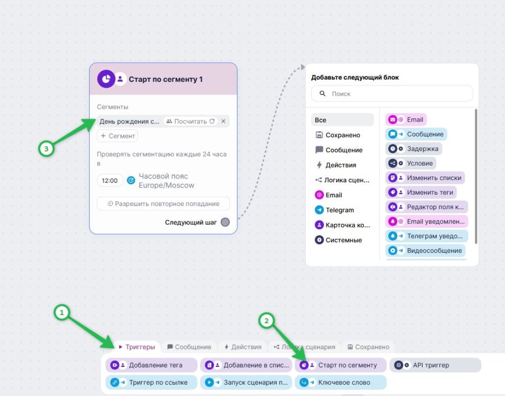 Как добавить триггер «Старт по сегменту». 